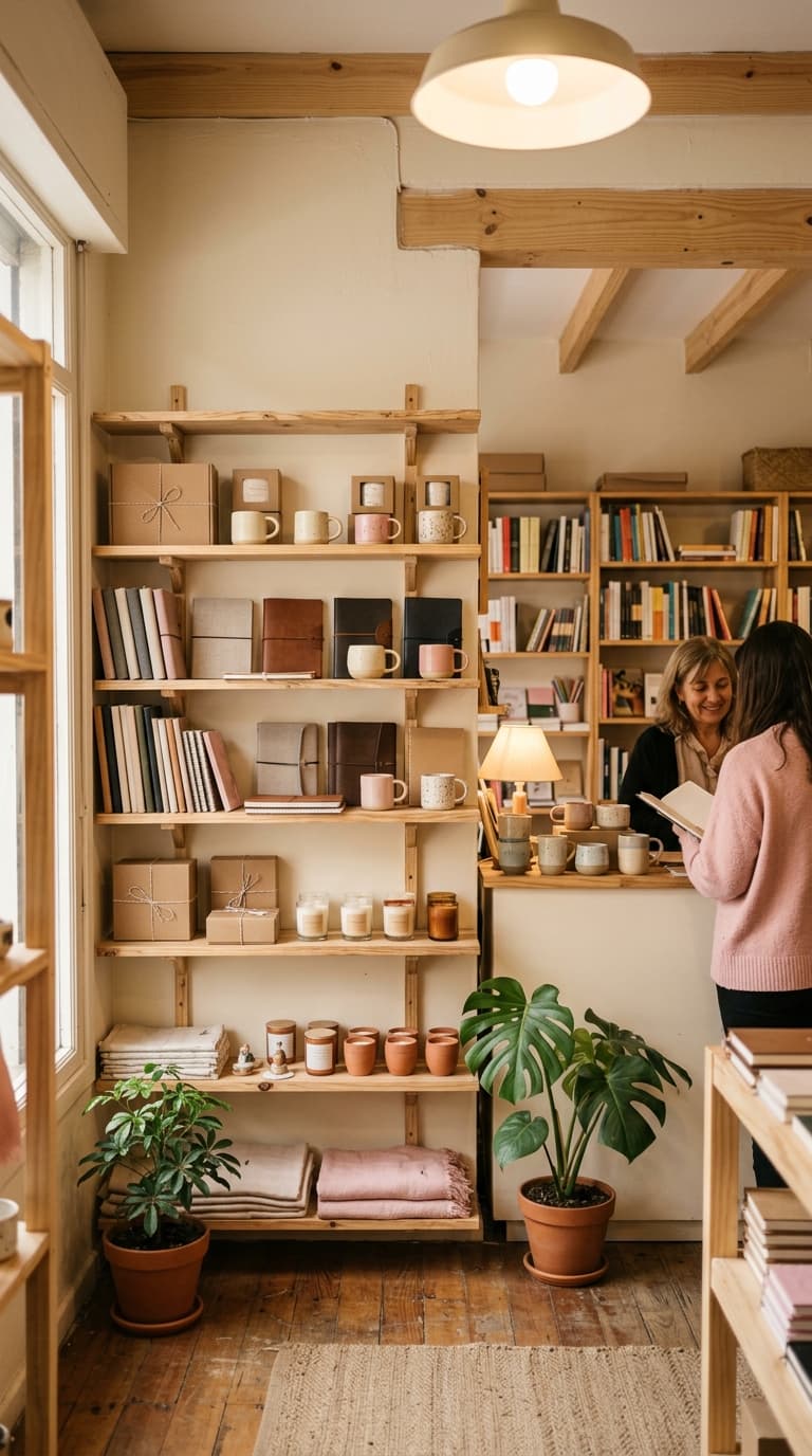 AI_IMAGE: The warm interior of a small, cozy neighborhood bookstore and gift shop in Argentina. Simple wooden shelves with a curated selection of notebooks, small gift boxes, ceramic mugs, and candles. Soft warm lighting, a few plants, neutral cream and light wood tones with subtle pink accents. No text, no signs, no logos, no writing visible. Intimate and welcoming atmosphere of a humble local family business. | photorealistic | portrait