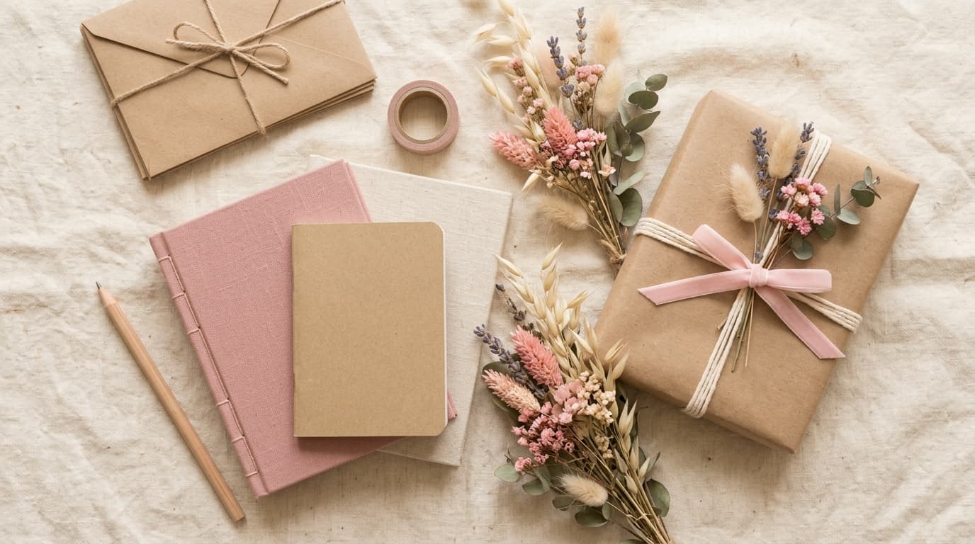AI_IMAGE: A soft overhead flat lay on a clean neutral cream background of a small cozy neighborhood stationery shop display: a few handpicked notebooks, a wrapped gift with simple ribbon, dried wildflowers, and kraft paper. No text, no logos, no labels, no writing. Warm pastel pink and neutral tones, gentle diffused natural lighting, slightly blurred and dreamy to work as a background. Intimate small local shop feeling. | photorealistic | landscape