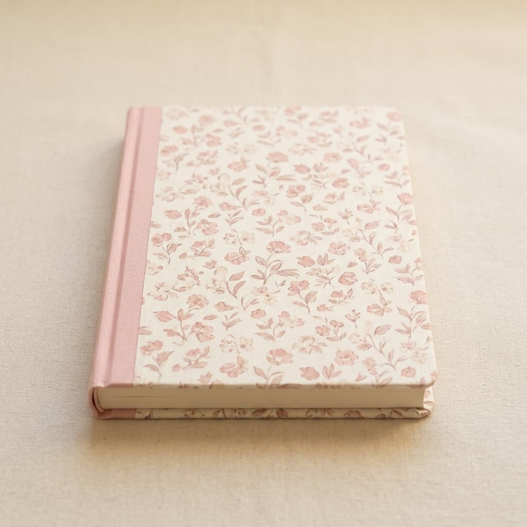 AI_IMAGE: A single A5 hardcover notebook with a subtle floral pattern on the cover in soft pink tones, placed on a plain neutral cream background. No text, no writing, no labels, no logos on the notebook or background. Simple warm lighting, clean minimal product photo as seen in a small local neighborhood stationery shop. | photorealistic | square