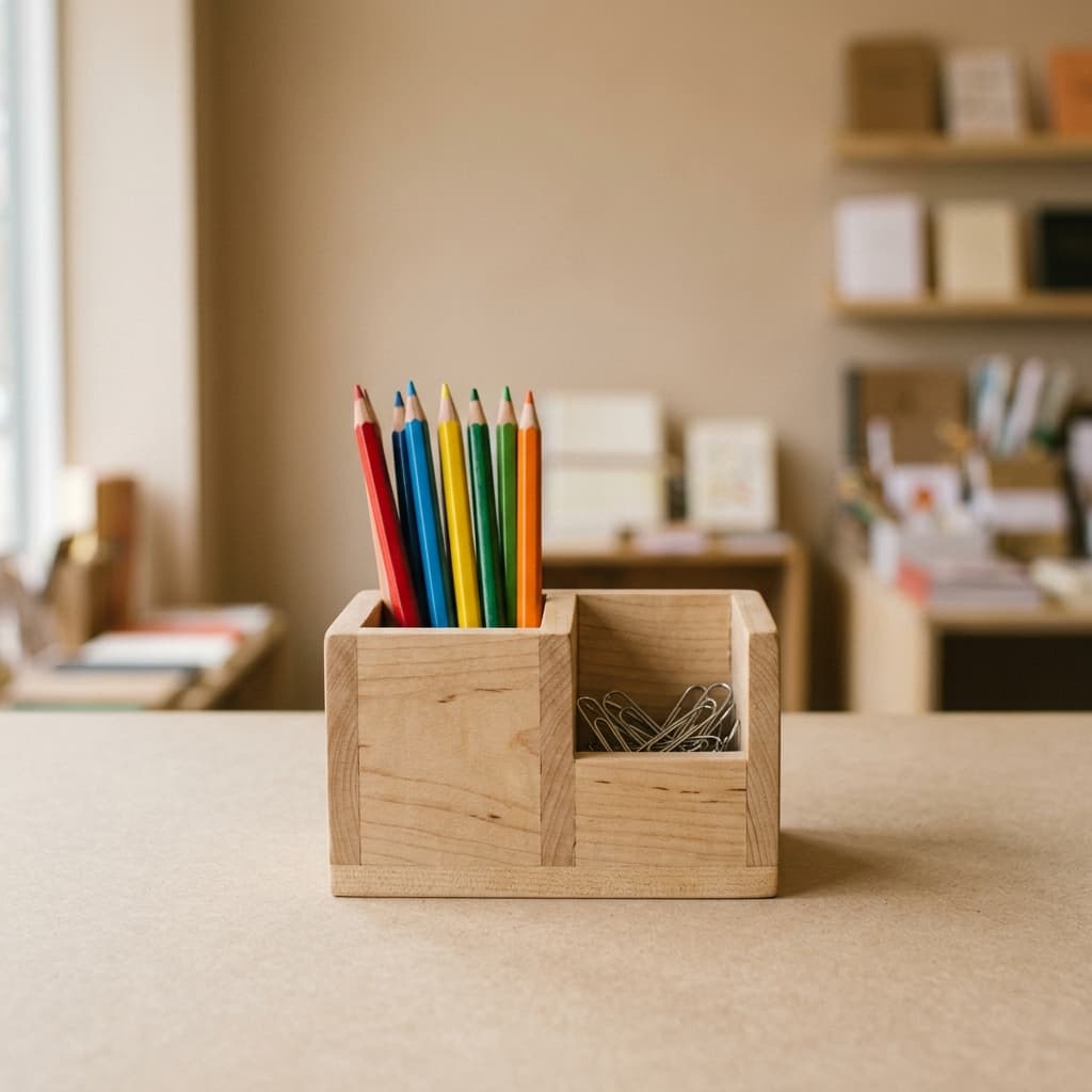 AI_IMAGE: A small natural wood desk organizer with compartments holding a few colored pencils and paper clips, placed on a plain neutral beige background. No text, no writing, no labels, no logos anywhere. Soft even warm lighting, simple minimal product photo as displayed in a humble small local neighborhood stationery shop. | photorealistic | square