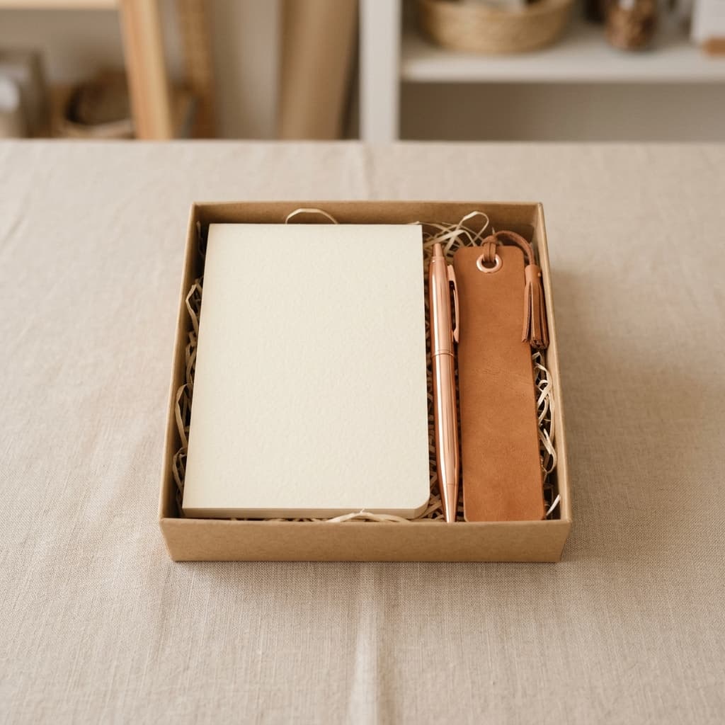 AI_IMAGE: A simple writing set with a rose gold pen, a small notepad, and a bookmark neatly arranged in a plain gift box on a clean neutral beige background. No text, no writing, no labels, no logos anywhere. Soft overhead lighting, minimal and warm product photography feel of a curated small local gift shop. | photorealistic | square
