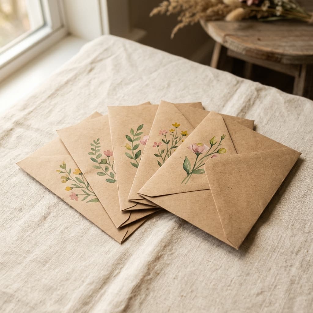 AI_IMAGE: A small stack of plain kraft paper envelopes with simple floral decorations fanned out on a neutral cream background. No text, no writing, no labels, no stamps with words. Warm soft natural light, clean minimal composition, humble artisan stationery feeling of a small neighborhood paper shop. | photorealistic | square