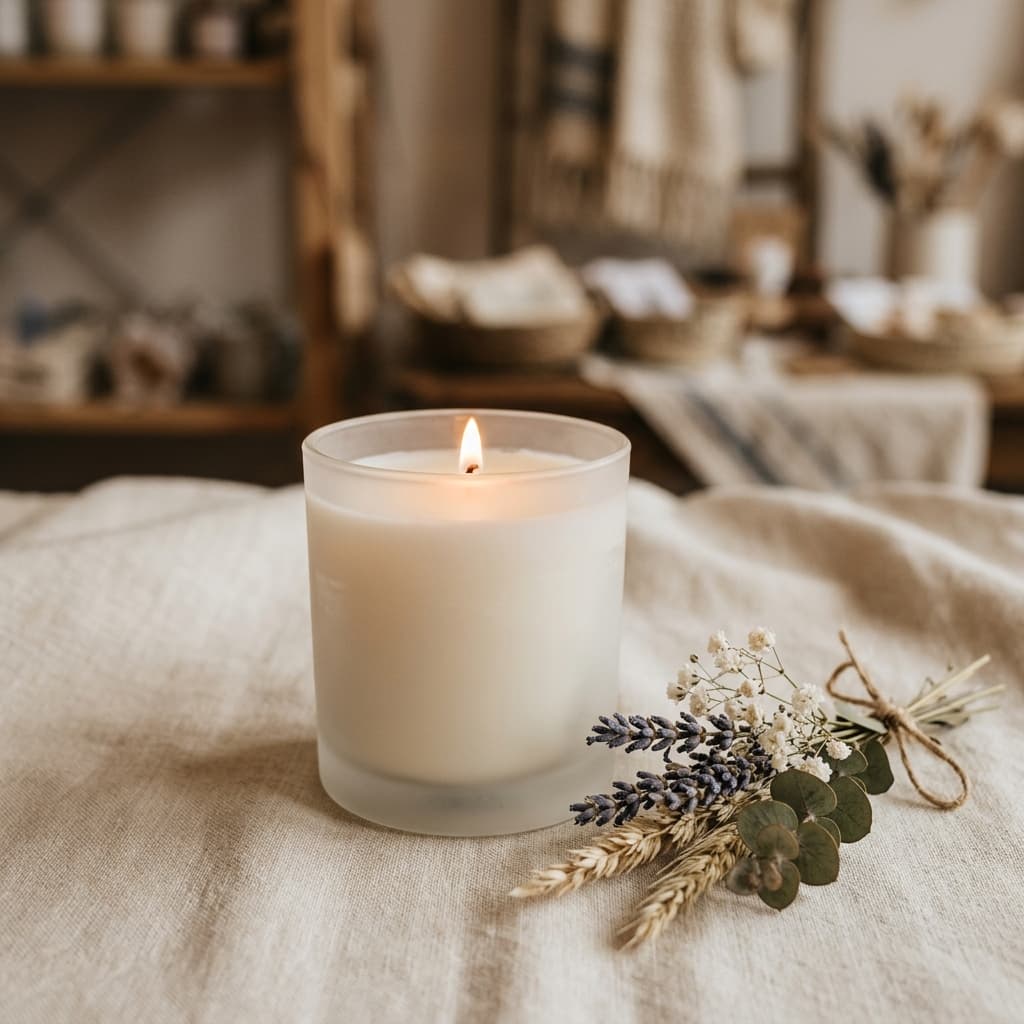 AI_IMAGE: A simple soy wax candle in a frosted glass jar without any label or text, placed on a plain neutral cream background next to a small sprig of dried flowers. No text, no writing, no labels, no logos anywhere. Gentle warm lighting, minimal cozy product photo feel of a small local neighborhood gift shop. | photorealistic | square